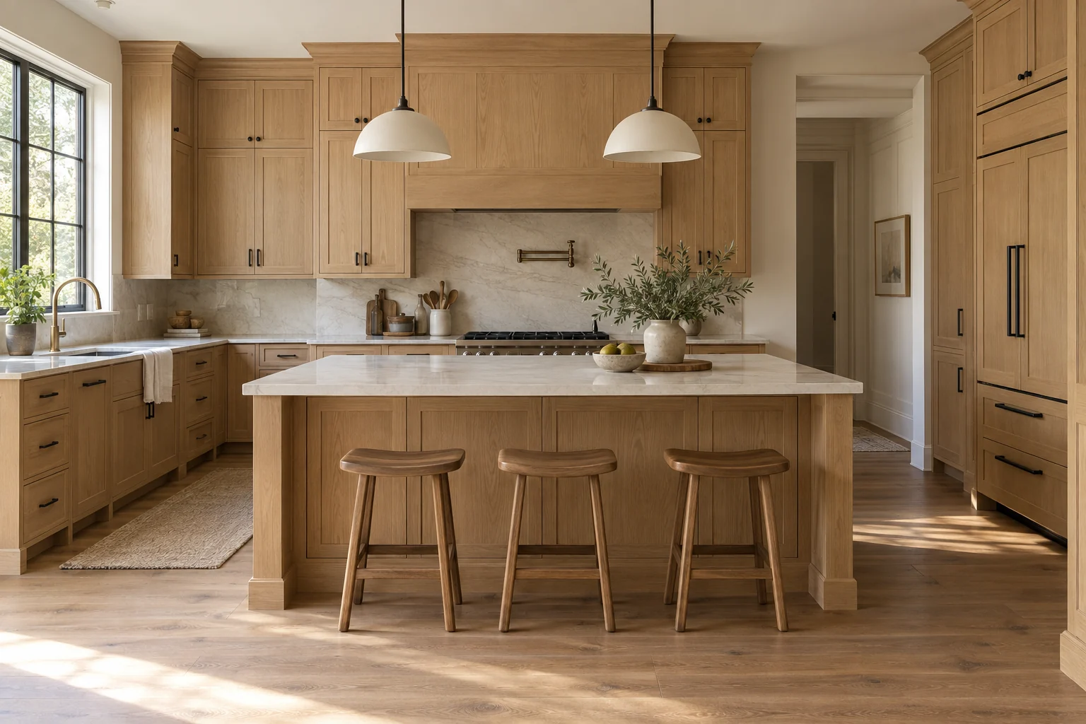 kitchen design inspiration with warm oak cabinetry and a quartz-topped island