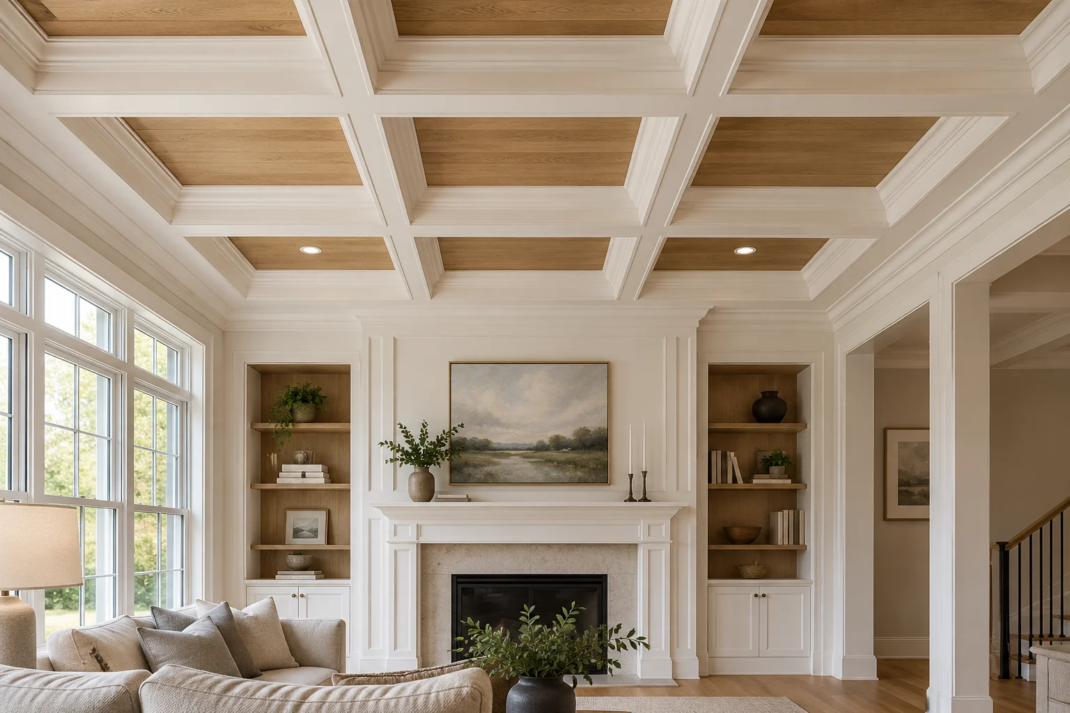 ceiling design inspiration with white coffers, oak panels and crown moulding