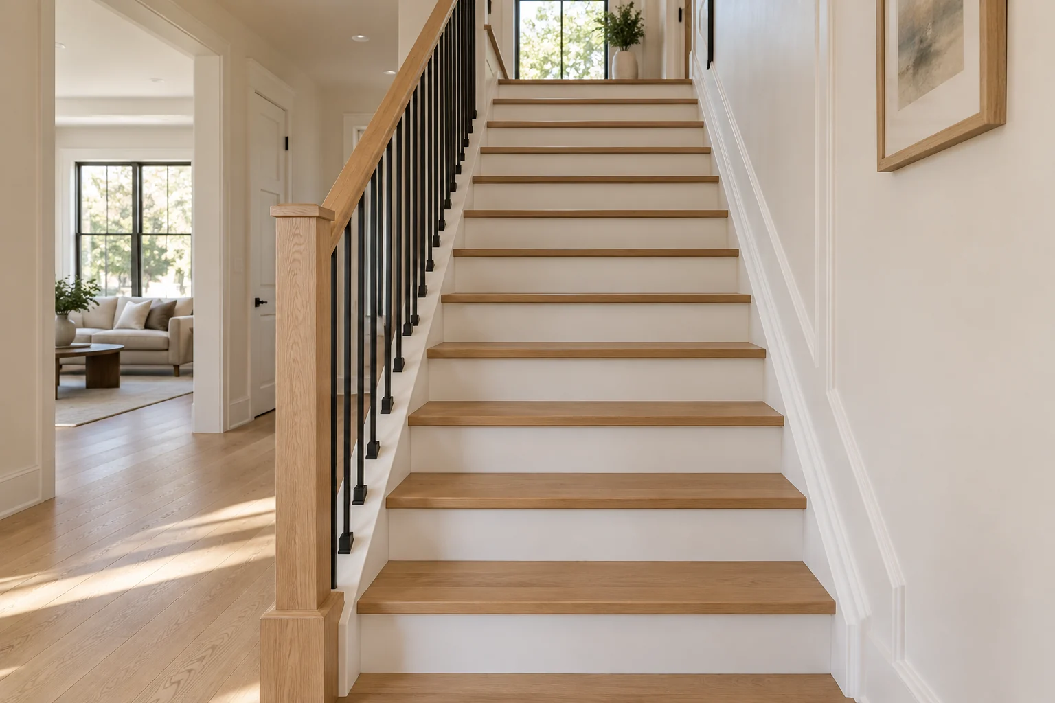 stair design inspiration with oak treads, white risers and black balusters